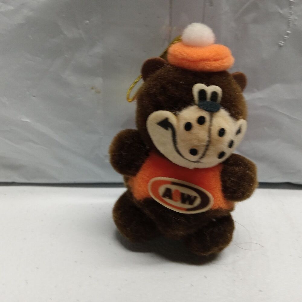 1997 A & W Restaurant Rooty Root Beer Bear Ornament Brown Fuzz Ball Logo 4" Used